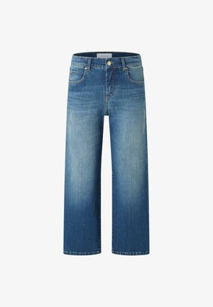 Hellblaue Denim-Weitbein-Jeans mit einem allmählichen Verblassen, ausgestattet mit Fronttaschen, einem Knopfverschluss und einem geraden Saum.