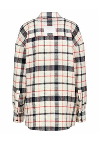 Geruite shirt, van flanellen materiaal in crème, met een rood en navy ruitpatroon, kraag en knoopmanchetten. Achteraanzicht toont een label.