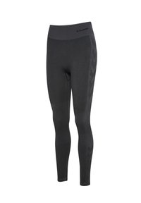 Dunkelgraue nahtlose Sportleggings mit hohem Bund und subtilem Chevron-Muster an den Seiten, mit dem Logo "Hummel" am Bund.