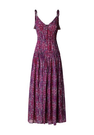 Abito lungo senza maniche viola e rosso con motivo, gonna arricciata e spalline con nappine da annodare.