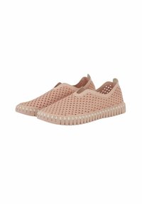 Light pink slip-on shoes made of perforated material with a textured, wavy design and white sole detailing.