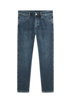 Dunkelblaue Denim-Jeans mit geradem Bein, Vorderentaschen, Gürtelschlaufen und Knopfverschluss an der Taille.