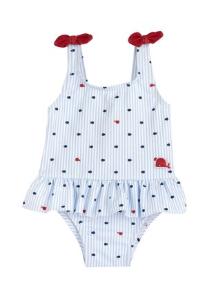 Costume da bagno per bambino con righe blu e bianche, stampa di pesci rossi e blu navy, spalline con fiocco rosso e dettaglio arricciato in vita.
