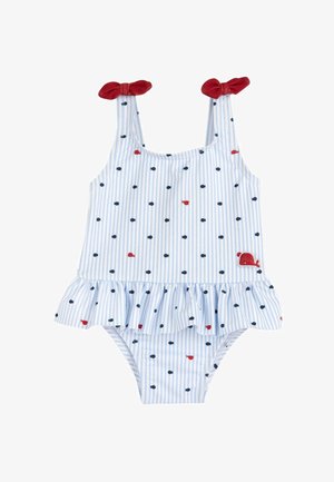 Maillot de bain pour tout-petit à rayures bleues et blanches avec motif de poissons rouges et marines, bretelles nouées rouges et détail volanté à la taille.