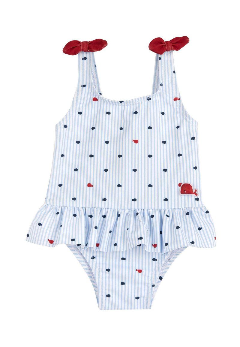 Maillot de bain pour tout-petit à rayures bleues et blanches avec motif de poissons rouges et marines, bretelles nouées rouges et détail volanté à la taille.