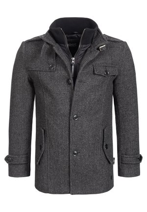 Grau strukturierte Jacke aus einem Wollgemisch. Sie hat einen Stehkragen, einen Reißverschluss, Fronttaschen und Knopfdetails an den Ärmeln.