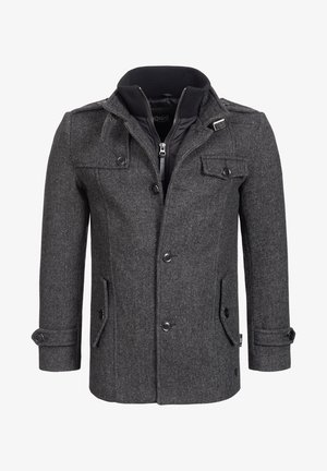 Giacca grigia e strutturata realizzata in un misto lana. Presenta un colletto rialzato, chiusura con zip, tasche frontali e dettagli con bottoni sui polsini.