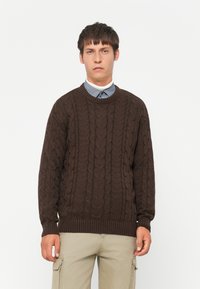 Uomo che indossa un maglione a trecce marrone scuro sopra una camicia grigia con colletto e pantaloni cargo beige, in piedi contro uno sfondo bianco.