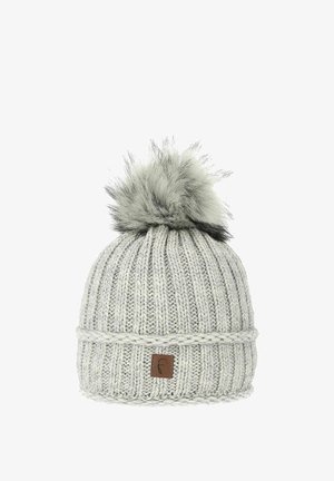 Gray knitted beanie with a textured rib pattern, featuring a fur pom-pom on top and a brown leather patch on the front.