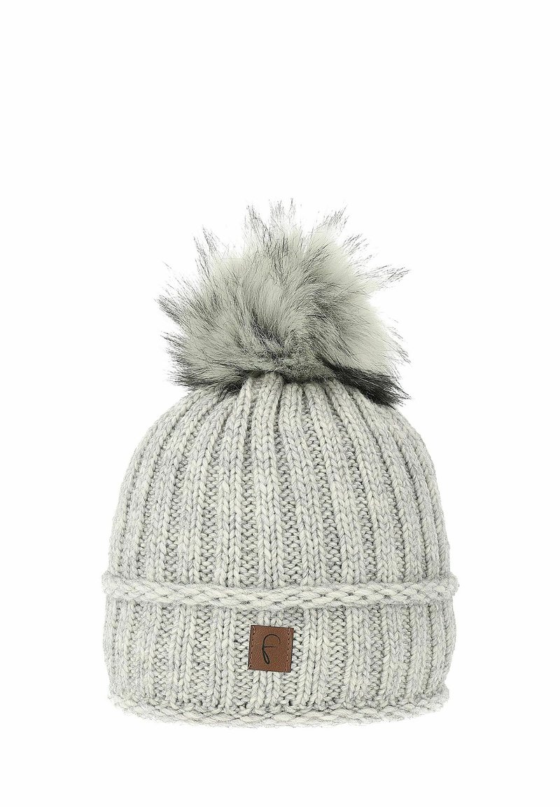 Gray knitted beanie with a textured rib pattern, featuring a fur pom-pom on top and a brown leather patch on the front.