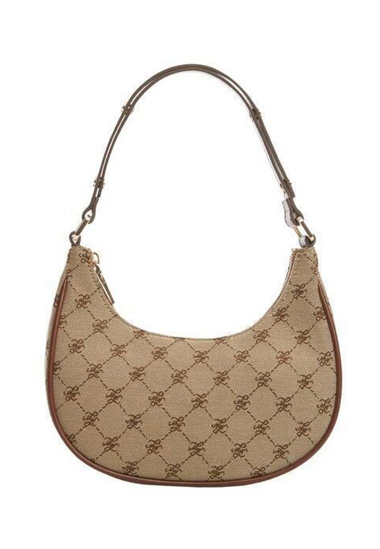 Beige stof håndtaske med en buet silhuet, der har et mønstret design i mørkere nuancer samt en brun læderkant og -rem.