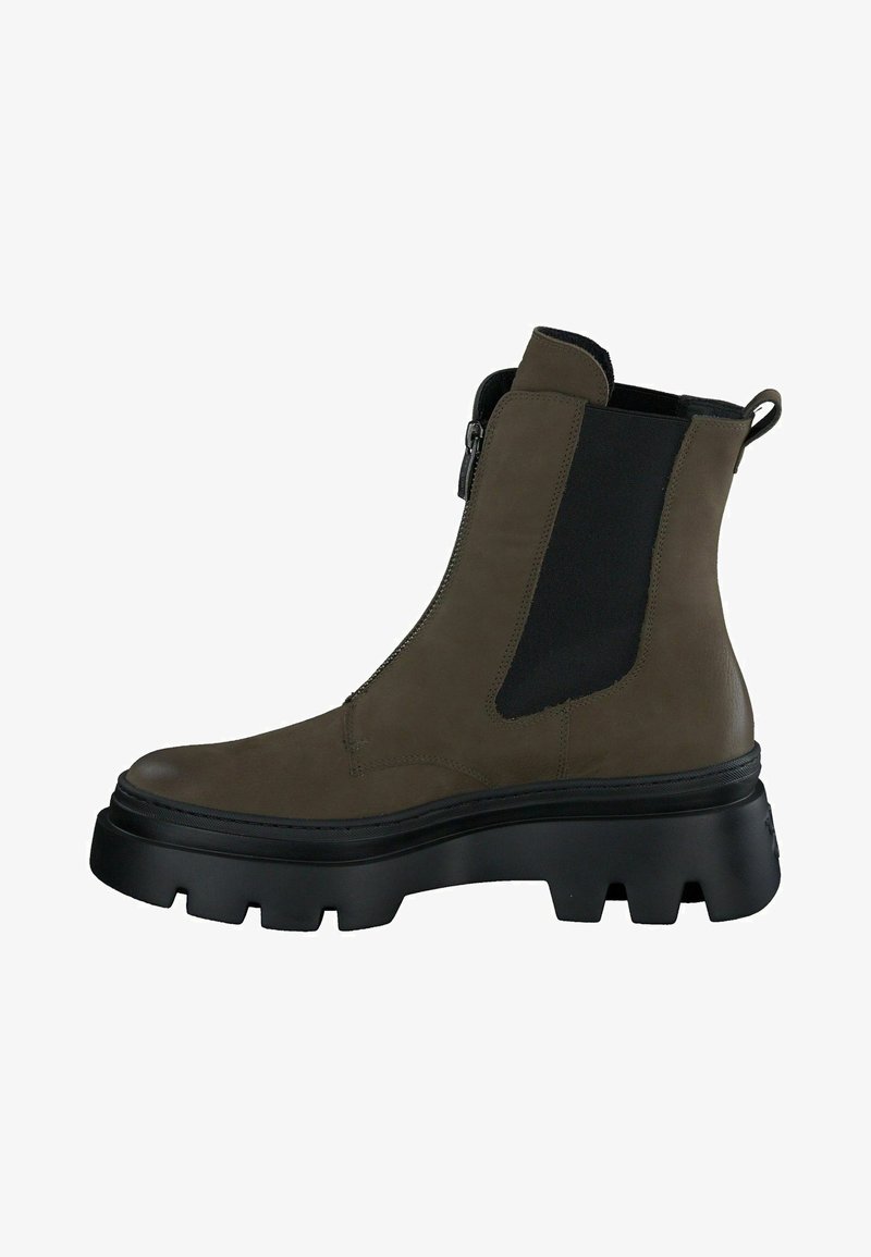 Stivale alla caviglia in pelle verde oliva scuro con pannelli elastici laterali, chiusura con zip e suola in gomma nera spessa con un motivo a battistrada robusto.