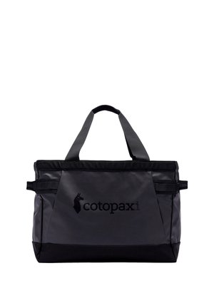 Black and gray Cotopaxi tote bag with two black handles and logo on the front, set against a white background.