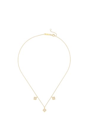 Delicate gold chain necklace with three evenly spaced small floral-shaped pendants adorned with white stones.