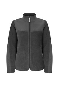 Fleece-takki, jossa on tummanharmaa pinta, vetoketjukiinnitys, korkea kaulus ja kiinteät hihat, joissa on erottuva sileä kangaspaneeli.