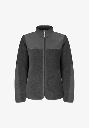 Polarowa kurtka o ciemnoszarej teksturze, z zapięciem na zamek, wysokim kołnierzem oraz gładkimi rękawami z kontrastowym panelu z gładkiego materiału.