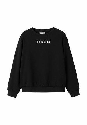 Sweatshirt noir à manches longues avec des poignets et un ourlet côtelés, arborant "BROOKLYN" imprimé en lettres majuscules blanches sur la poitrine.