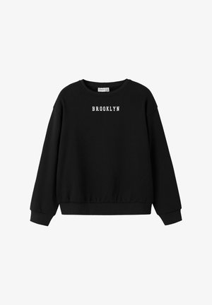 Sudadera negra de manga larga con puños y dobladillo acanalados, que presenta "BROOKLYN" impreso en letras mayúsculas blancas en el pecho.