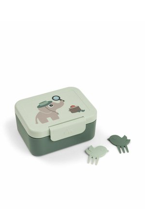 Green lunchbox with elephant and ladybug design, accompanied by two small bird-shaped food picks in light and dark green.