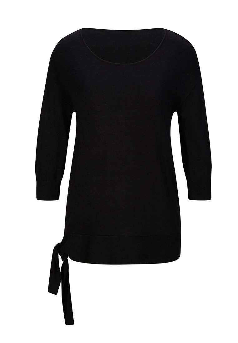 Maglione nero a maniche lunghe con scollatura a giro e dettaglio con nodo laterale all'orlo, esposto su uno sfondo bianco.