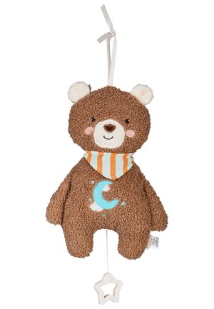 Brown plush bear with white ears, striped orange and white scarf, blue crescent moon on belly, hanging loop on top, and star-shaped pull at bottom.