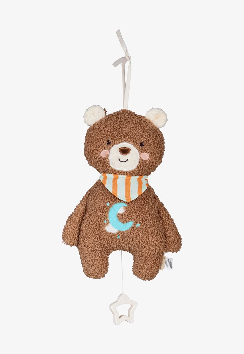 Ours en peluche marron avec des oreilles blanches, une écharpe rayée orange et blanche, un croissant de lune bleu sur le ventre, une boucle de suspension en haut et un pendentif en forme d'étoile en bas.
