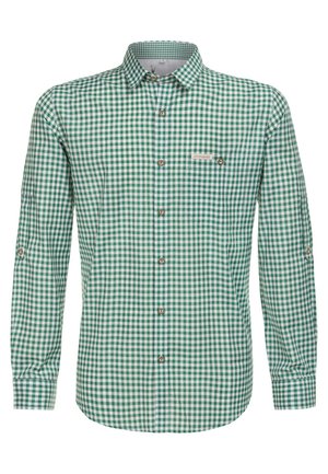 Grüne und weiße Karomuster Langarmshirt mit Kragen und Metallknöpfen. Verfügt über eine einzelne Brusttasche und geknöpfte Manschetten.