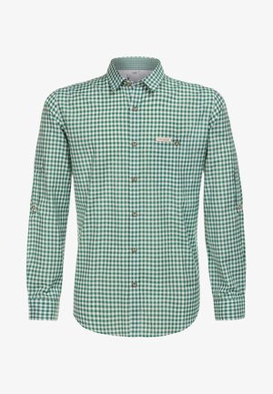 Grüne und weiße Karomuster Langarmshirt mit Kragen und Metallknöpfen. Verfügt über eine einzelne Brusttasche und geknöpfte Manschetten.