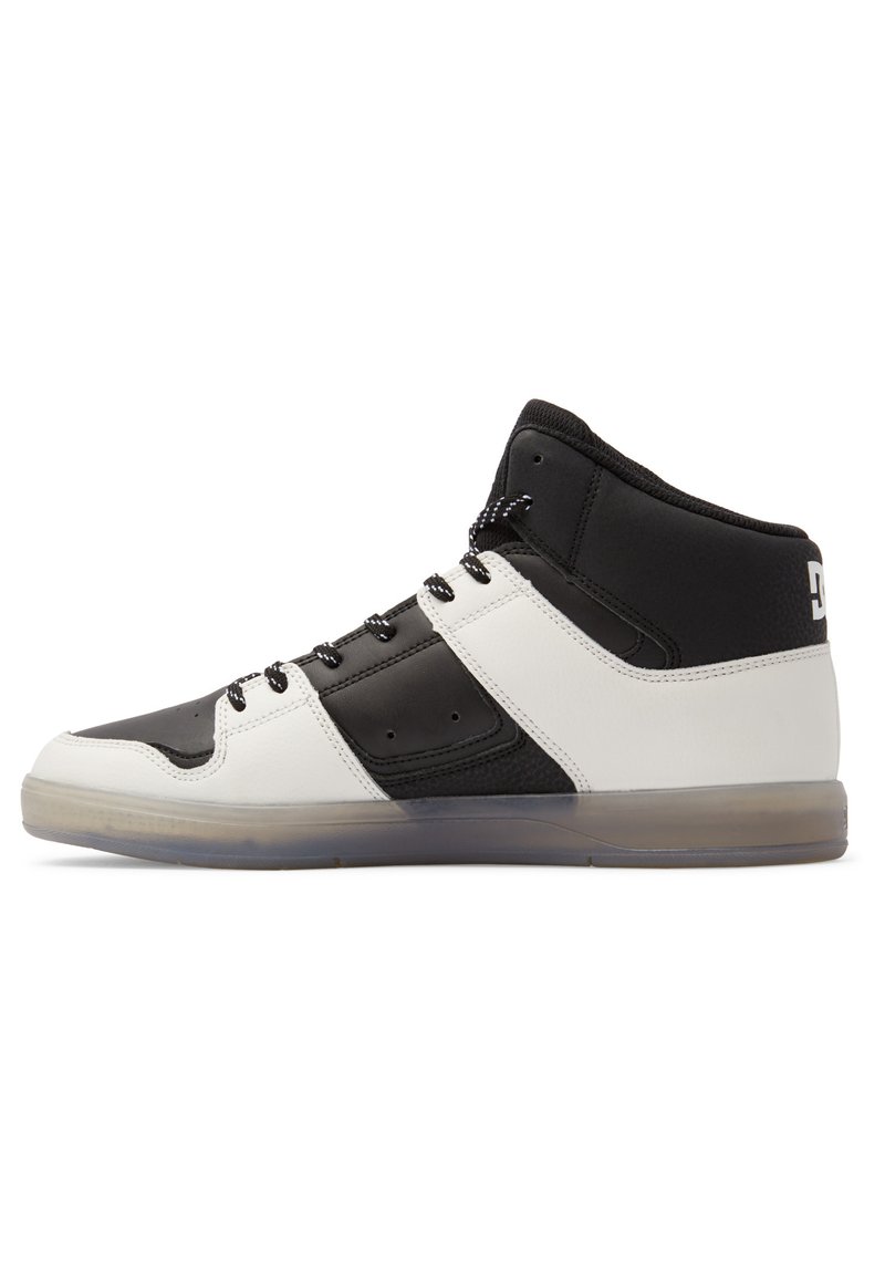 High-top sneakers made of black and white leather, featuring a smooth finish, rubber sole, and textured panels with laces. Transparent sole.