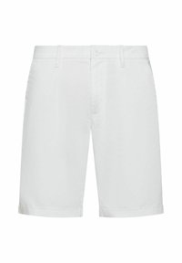 Pantaloni corti in cotone bianco con un design dritto, orlo arrotolato e tasche frontali. Adatti per abbigliamento casual, presentano una chiusura con bottone e zip.