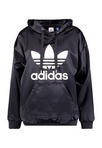 Svart satin hoodie med en stor vit Adidas-logotyp, ficka fram, dragsko samt ribbade muddar och fåll.