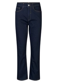 Dunkelblaue Denim-Jeans mit geradem Schnitt, fünf Taschen, Messingreißverschluss und kontrastierenden Nähten. Verfügt über einen klassischen Bund und einen Knopfverschluss.