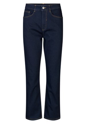 Dunkelblaue Denim-Jeans mit geradem Schnitt, fünf Taschen, Messingreißverschluss und kontrastierenden Nähten. Verfügt über einen klassischen Bund und einen Knopfverschluss.