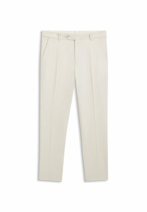 Beżowe spodnie o dopasowanym kroju, wyposażone w dwie boczne kieszenie, zamek błyskawiczny i pojedyncze zapięcie na guzik. Płaskie przody z plisami.