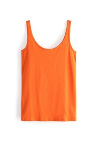 Orange tanktop med en rund halsudskæring og tynde stropper. Lavet af glat, let stof. Ingen mønstre eller udsmykninger.