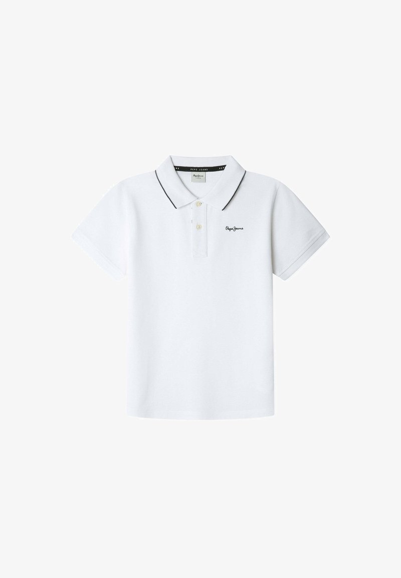 Valkoinen puuvillapaita, jossa on mustat reunat kauluksessa ja hihoissa, vasemmalla puolella pieni brodeerattu logo.