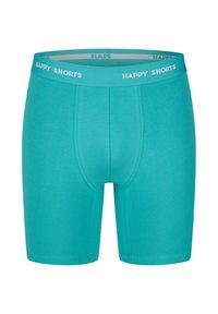 Tyrkysové boxerky vyrobené z měkké látky, s hladkým páskem se textem "HAPPY SHORTS" a přiléhavým střihem bez viditelných vzorů.