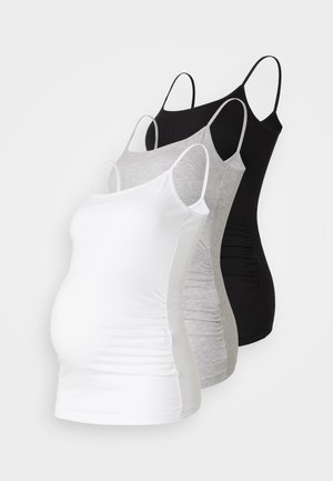 Drei Still-Tanktops in Weiß, Grau und Schwarz. Dehnbare Stoffe mit verstellbaren Spaghettiträgern und gerafften Seitennähten für zusätzlichen Komfort.