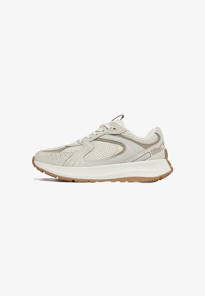 Lichtgewicht sport schoen met een bovenwerk van suede en mesh in crèmekleur met beige accenten. Beschikt over een dikke witte tussenzool en een rubberen buitenzool.