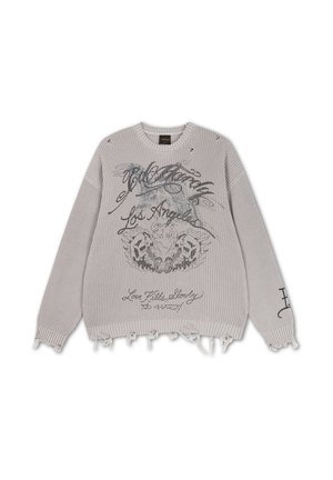 Light gray knit sweater with black distressed details, frayed hem, and printed cursive text and skull designs on front and sleeve.
