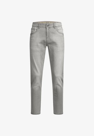 Light gray denim jeans with a classic five-pocket design, button closure, and a subtle stretch for comfort. Smooth texture with a straight cut.