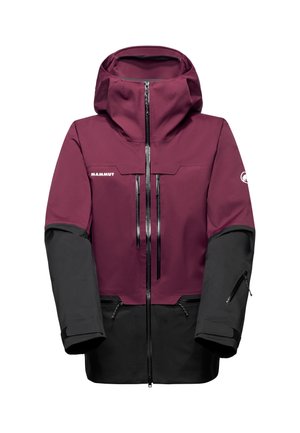 Herren-Jacke in zwei Farbtönen, burgunderrot und schwarz, aus wasserabweisendem Material, mit Kapuze, zwei Fronttaschen und Reißverschlüssen zur Belüftung.