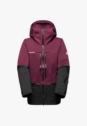 Veste bicolore pour homme en bordeaux et noir, fabriquée en tissu imperméable, dotée d'une capuche, de deux poches avant et de zips pour la ventilation.