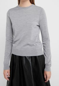 Šedý dlouhý svetr s dlouhými rukávy vyrobený z měkké pleteniny, s kulatým výstřihem a žebrovanými manžetami, kombinovaný s černou koženou sukní.