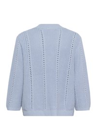 Helles blaues gestricktes Sweatshirt mit einem strukturierten Muster und vertikalen Löchern. Gerippte Bündchen und Saum runden das Design ab.