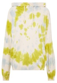 Tie-dye hoodie med vit bas och gröna och blå virvlar, snörning i huvan, samt ribbade ärmslut och nederkant för textur.
