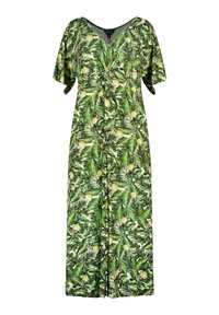 Groene jurk met tropische print, met v-hals, korte mouwen en een relaxte pasvorm. Beschikt over een blad- en ananaspatroon op een lichte achtergrond.