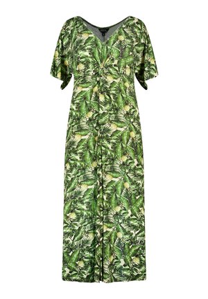 Groene jurk met tropische print, met v-hals, korte mouwen en een relaxte pasvorm. Beschikt over een blad- en ananaspatroon op een lichte achtergrond.