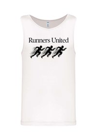 White sleeveless tank top featuring the text "Runners United" above a graphic of three black running figures with speed lines.