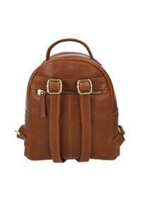 Ruskea nahkainen reppu, jossa on pyöristetty muoto, kultaiset metalliosat, kaksoiskahvat päällä ja kaksi säädettävää olkahihnaa. Varustettu vetoketjulla.